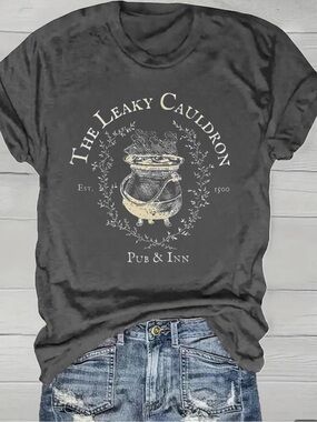 The Leaky Cauldron Graphic Tee - Charcoal with Cream Design NWOT